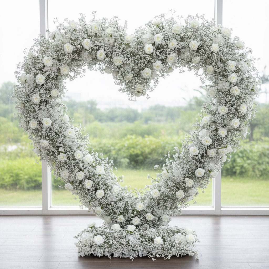 RoseyTime White Roses & Baby's Breath Heart Flower Arches Set With Frame
