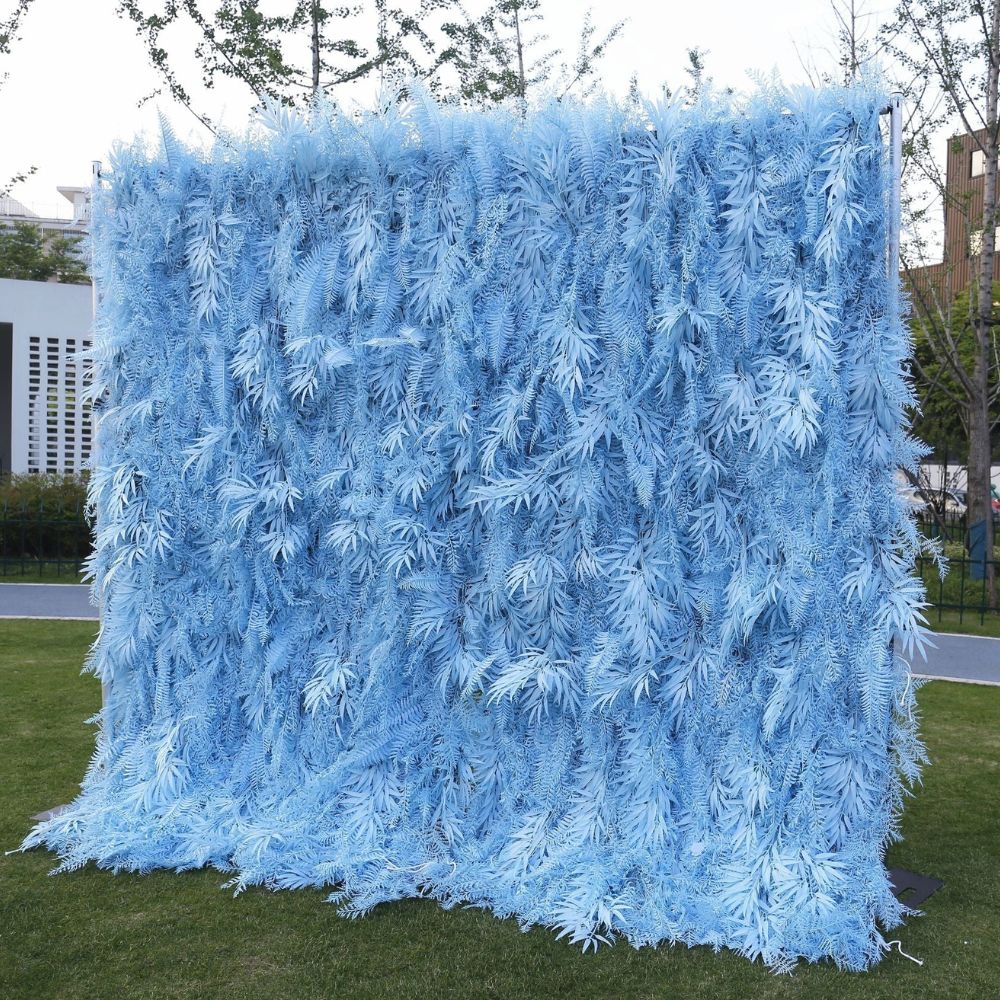 Roseytime 5D Artificial Blue Pampas Wall Rolling Up Hanging Flowers Wedding Backdrop Decor for Birthday Event Party