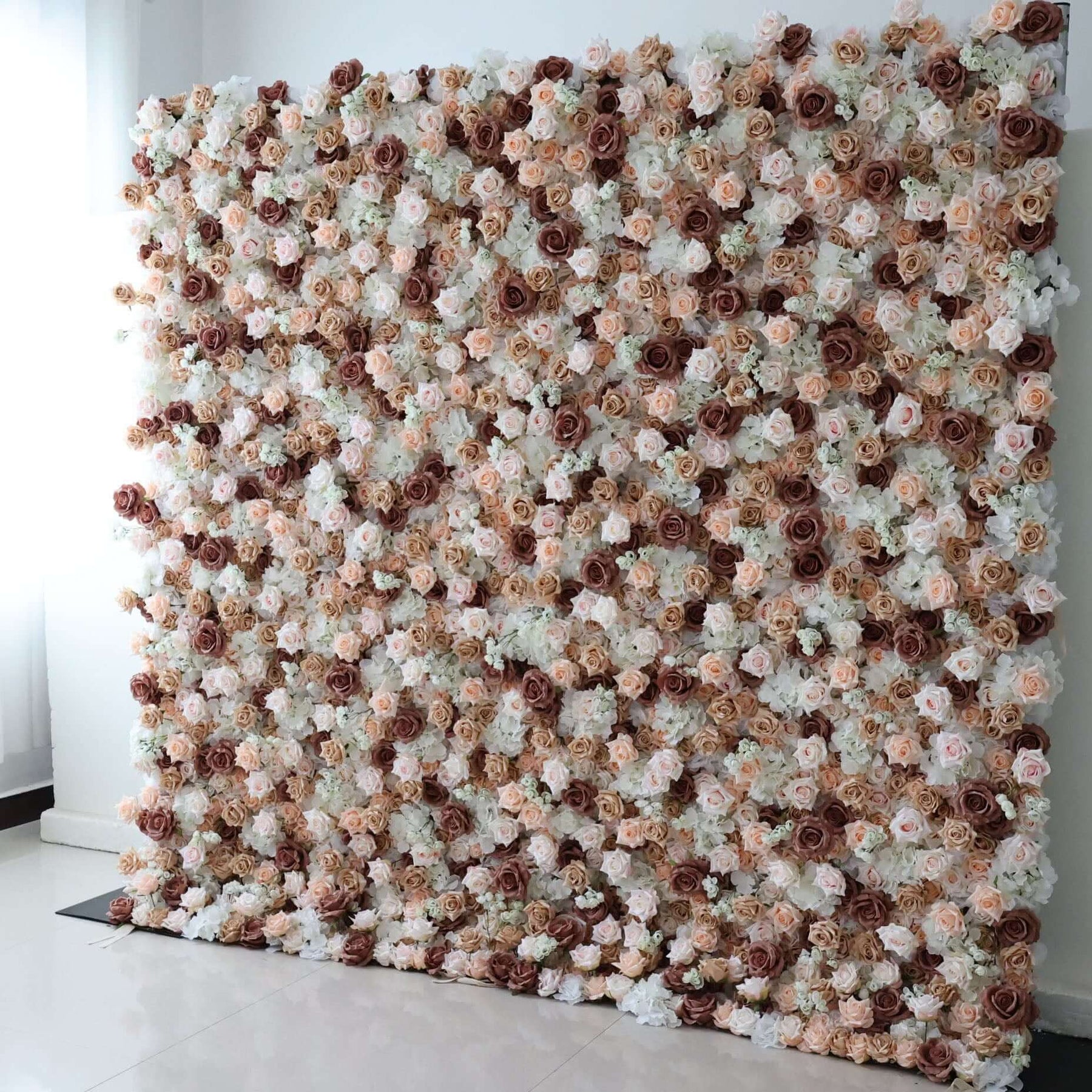 Roseytime 3D Champagne&Brown Flower Wall Roll Up Fabric Back #RTW275