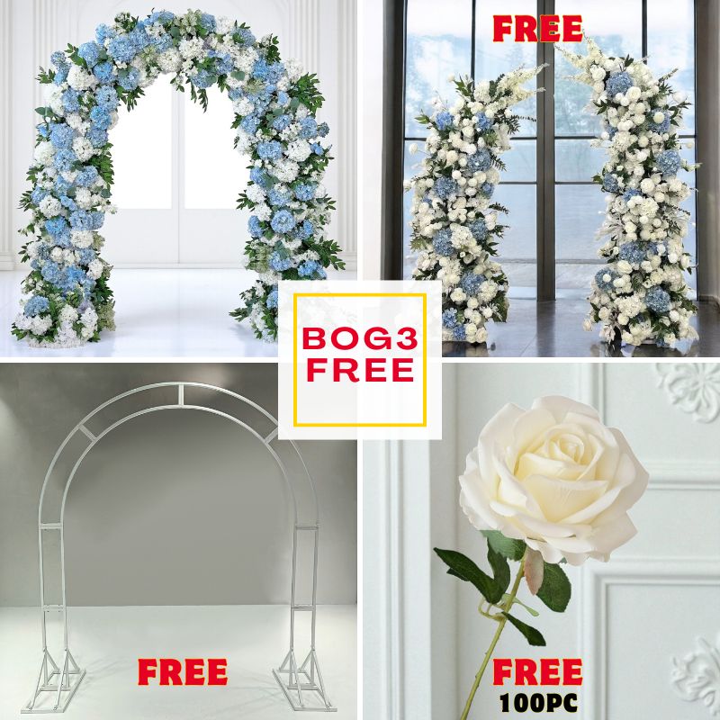 BOG3-Sale: Blue arch flower+Blue pillars with frame + n-shape arch + 100pc whote roses