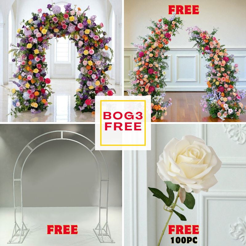 BOG3-Sale: Colorful arch flowers + colorful pillars with frame + n-shape arch +100pc white roses