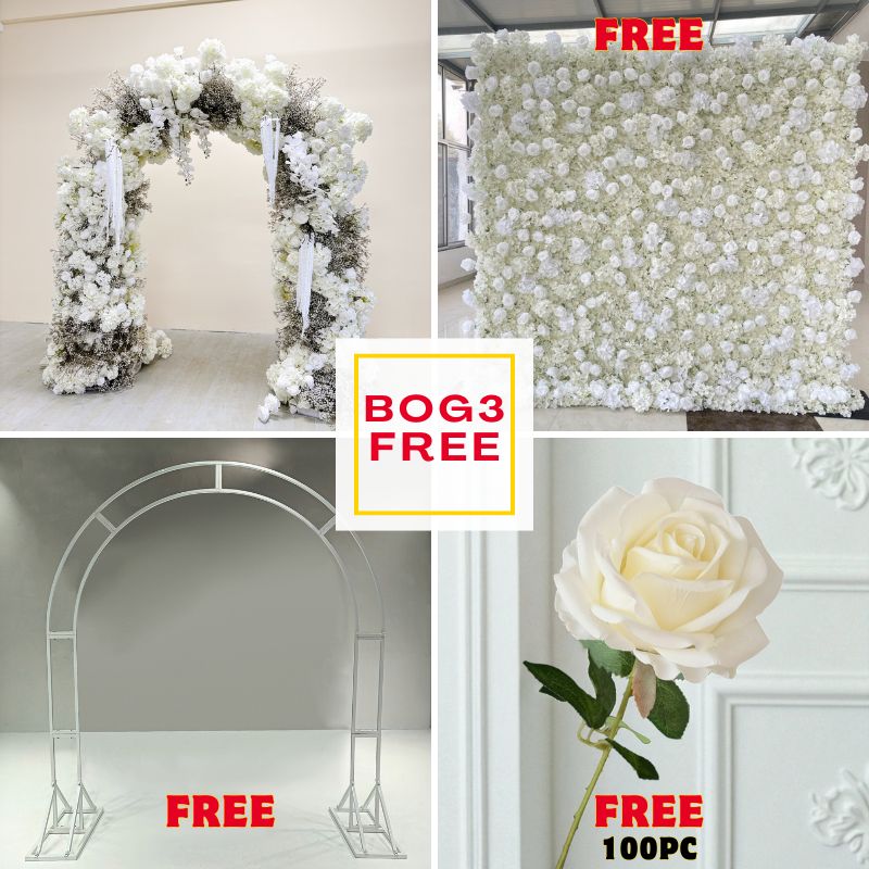 BOG3-Sale: 8x8ft white flower wall + white arch flower + n-shape arch + 100pc white roses