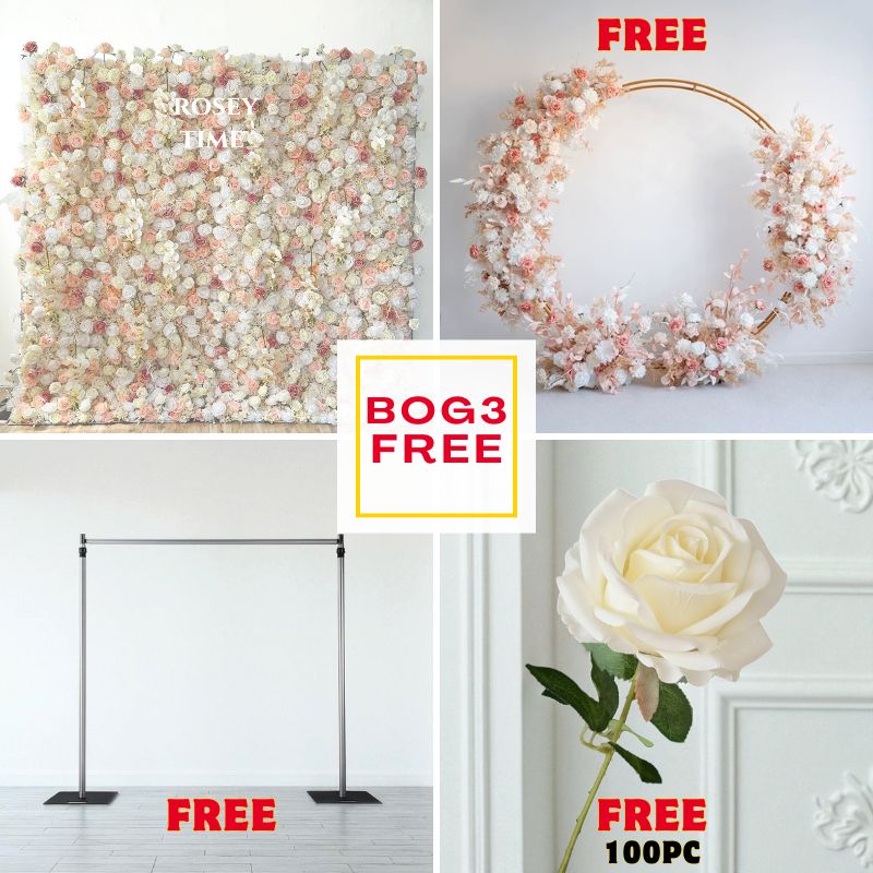 BOG3-Sale:8x8ft champange flower wall + champange flower set + 8x8ft wall stand + 100pc white roses