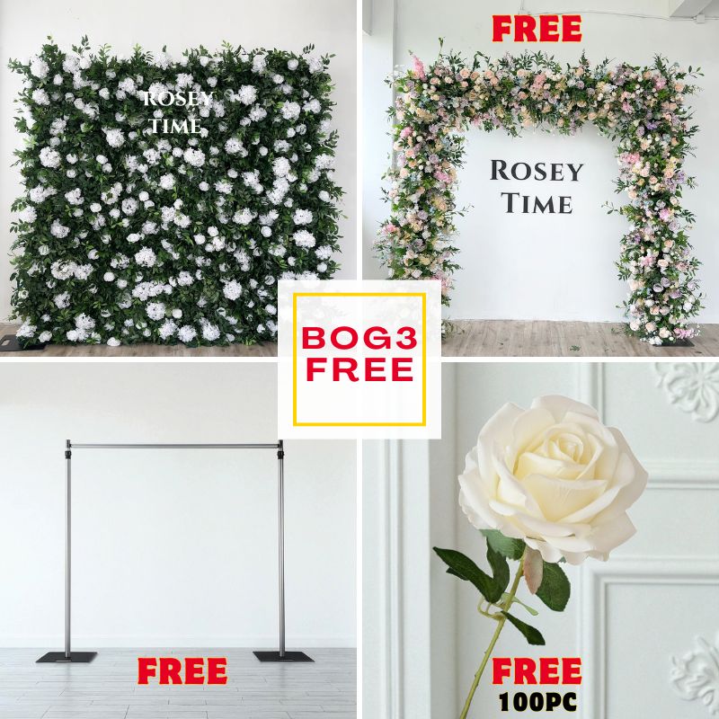 BOG3-Sale:8x8ft greenery wall + 8x8ft square arch flower +8x8ft wall stand +100pc white roses