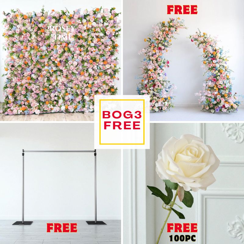BOG3-Sale: 8x8ft Colorful flower wall + colorful pillars with frame +8x8ft wall stand +100pc roses