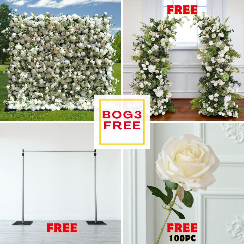 BOG3-Sale:8x8ft white&green wall + white&green pillars with frame + 8x8ft wall stand +100pc roses