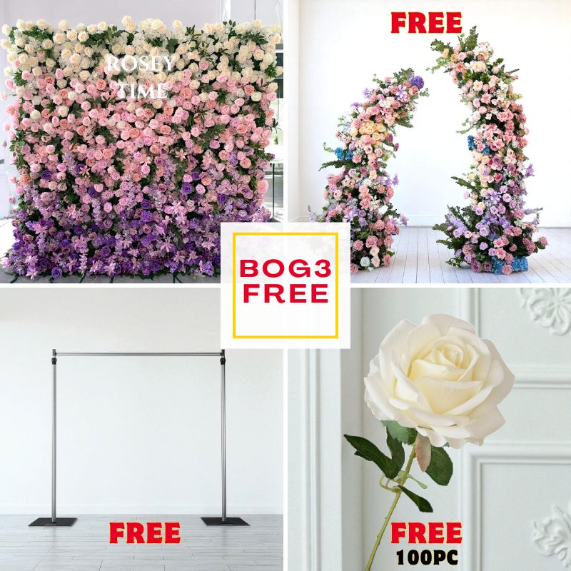BOG3-Sale: 8x8ft flower wall + purple flower pillars+8x8ft wall stand + 100pc white roses