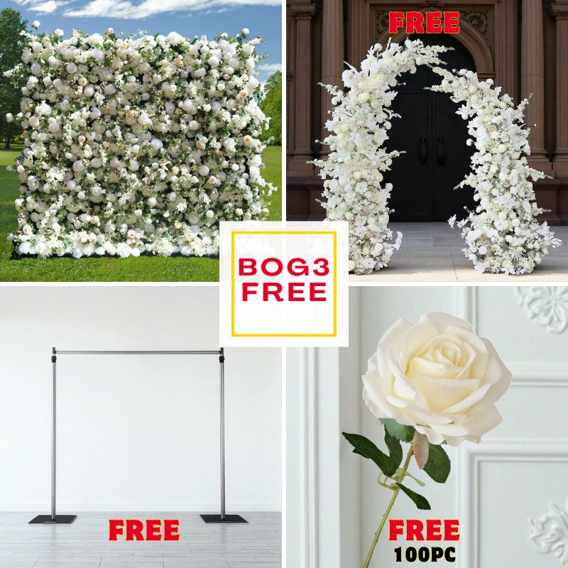 BOG3-Sale: 8x8ft white&green wall + whote pillars with frame + 8x8ft wall stand + 100pc whote roses