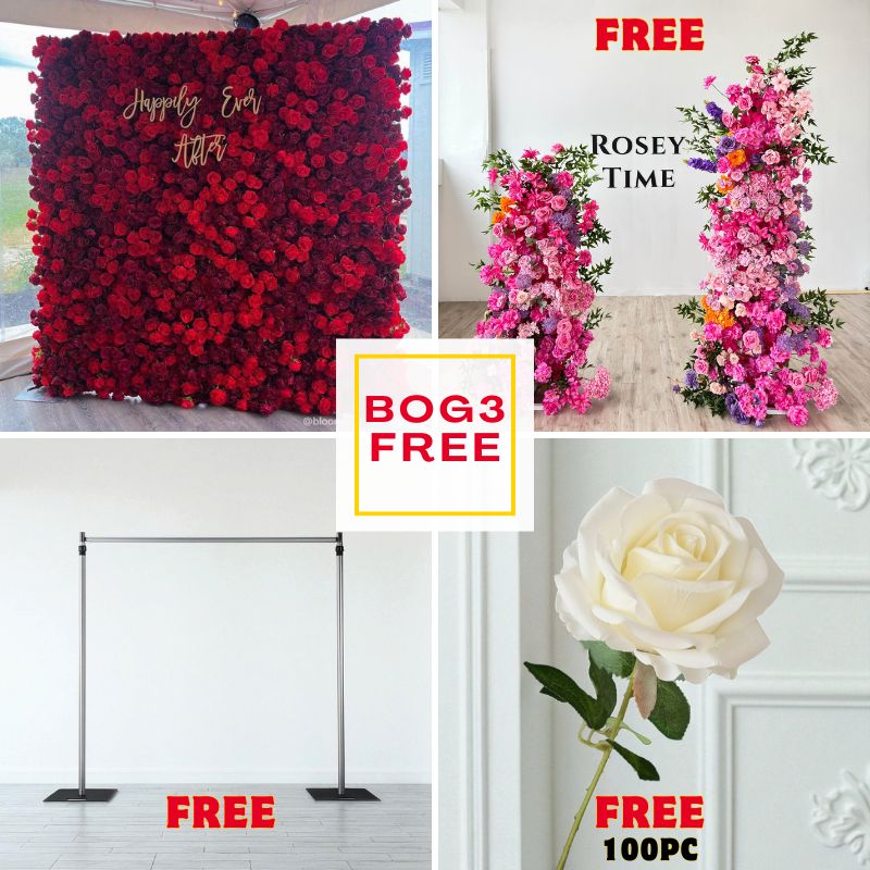 BOG3-Sale: 8x8ft red flower wall + hot pink pillars with frame + 8x8ft wall stand + 100pc white roses