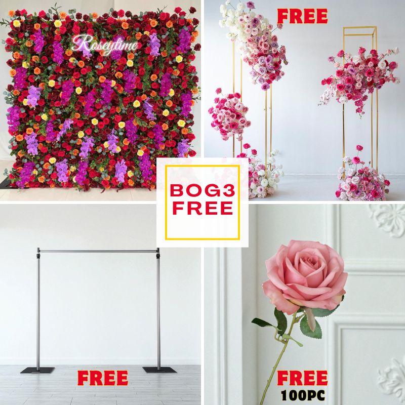 BOG3-Sale: 8x8ft flower wall + pink flower set +8x8ft wall stand + 100pc pink roses