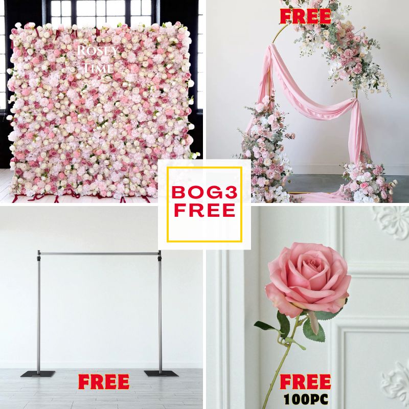 BOG3-Sale: 8x8ft pink flower wall + pink flower set + 8x8ft wall stand + 100pc pink roses