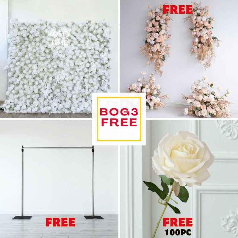 BOG3-Sale: 8x8ft white wall + Champange flower set + 8x8ft wall stand + 100pc white roses