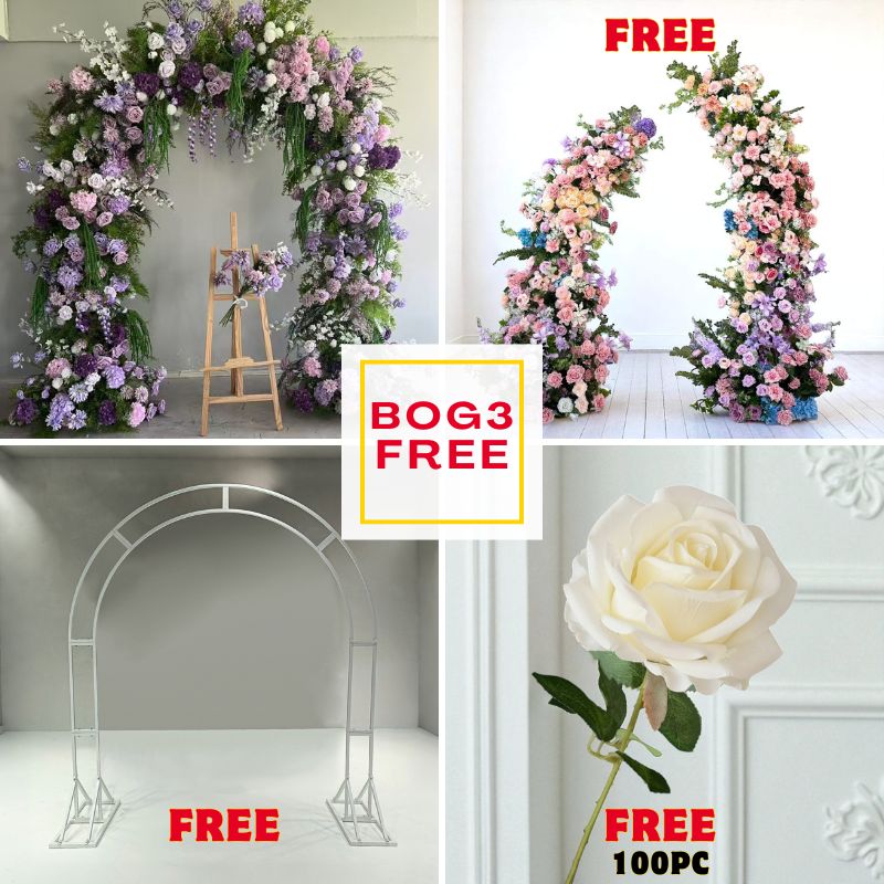 BOG3-Sale: Purple arch flower + Purple pillars with frame + n-shape arch + 100pc white roses