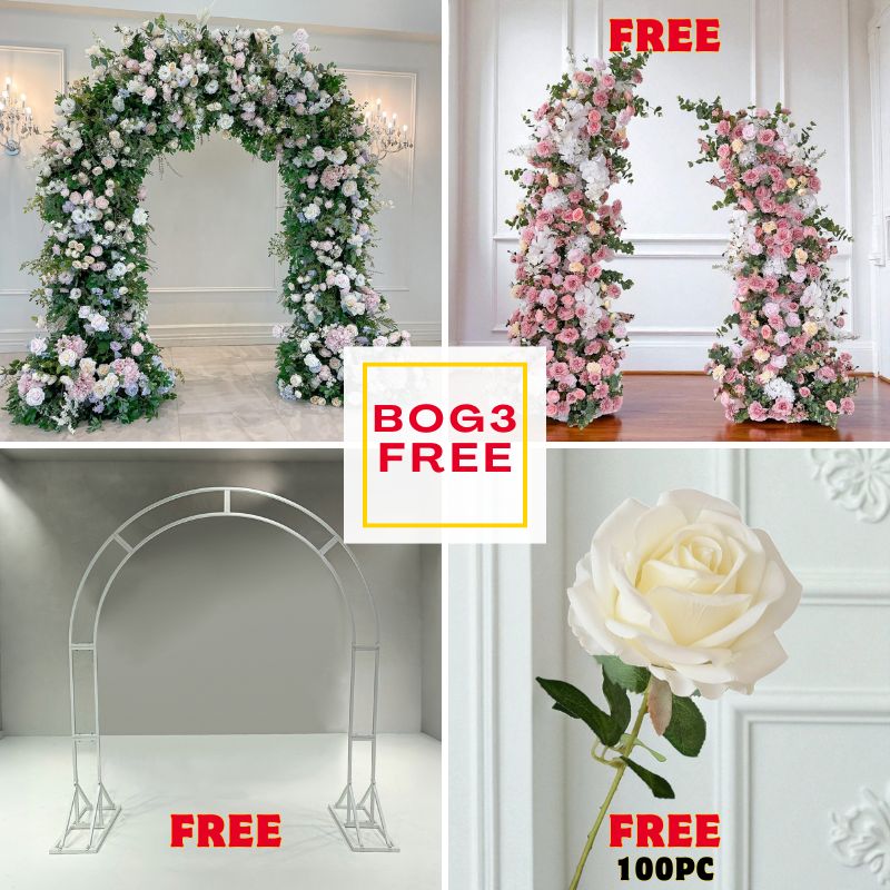BOG3-Sale: Spring arch flower + Pink pillars with frame +n-shape arch + 100pc white roses