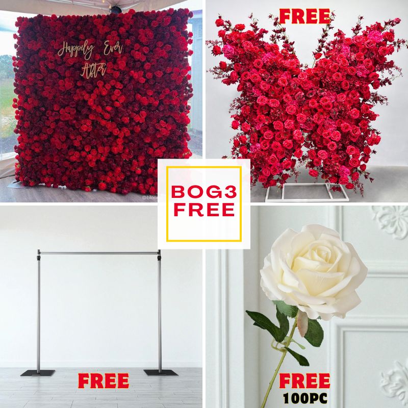 BOG3-Sale: 8x8ft Red Flower Wall + Butterfly flowers with frame + 8x8ft wall stand +100pc white roses