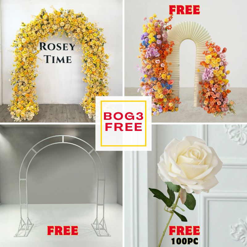 BOG3-Sale: Yellow arch flower + orange pillars with frame + n-shape arch + 100pc white roses