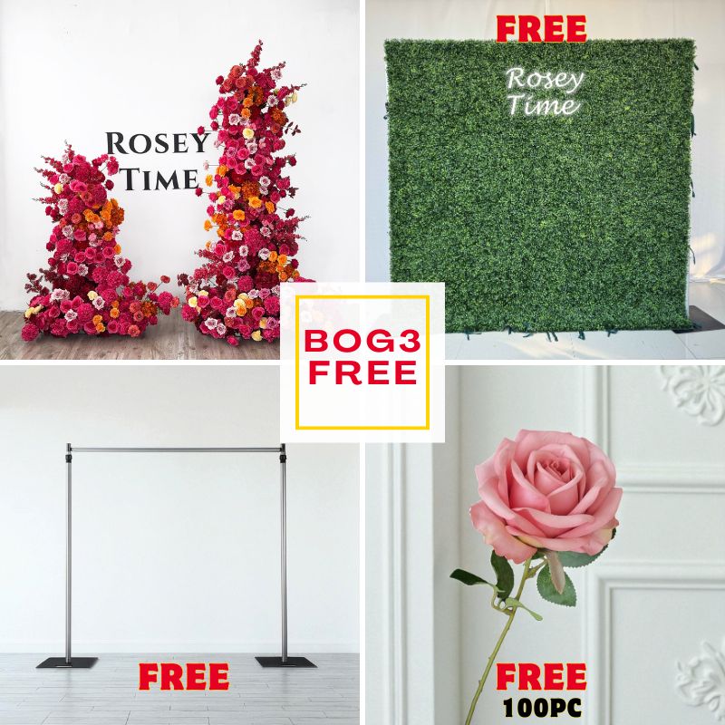 BOG3-Sale:Hot pink pillars with frame + 8x8ft grass wall + 8x8ft wall stand + 100pc pink roses