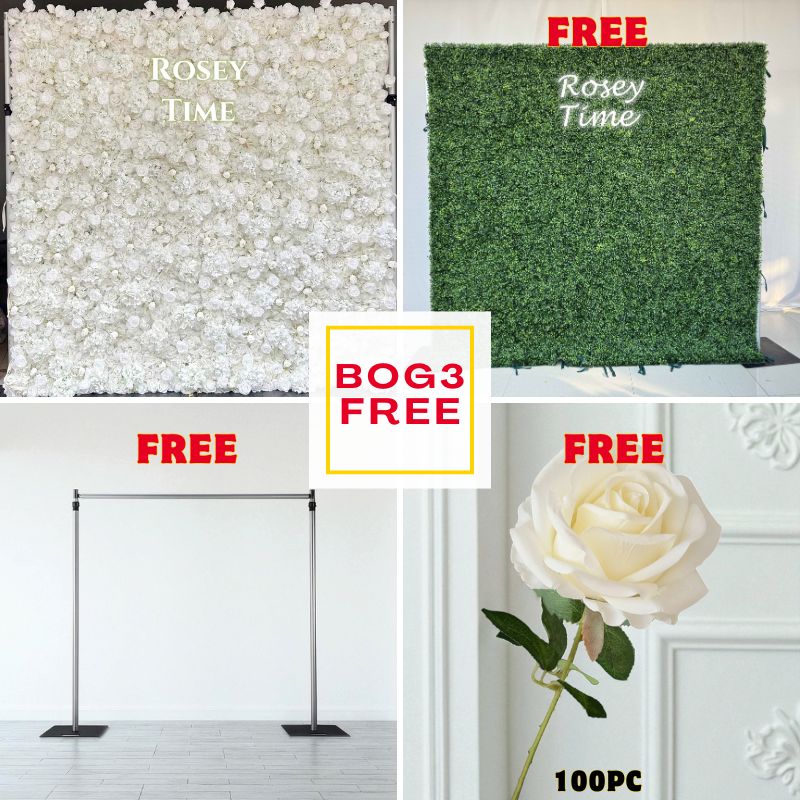 BOG3-Sale: 8x8ft white flower wall + 8x8ft grass wall +8x8ft stand + 100pc white roses