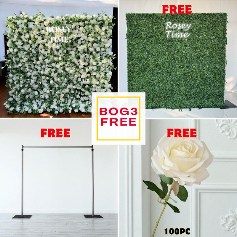 BOG3-Sale: 8x8ft flower wall + 8x8ft grass wall +8x8ft stand + 100pc white roses