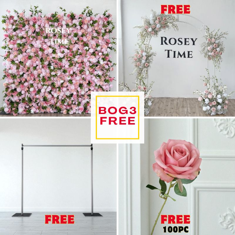 BOG3-Sale: 8x8ft pink flower wall + pink&baby's breath flower set + 8x8ft wall stand +100pc pink roses