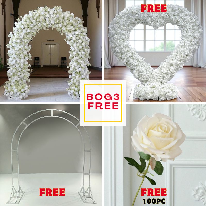 BOG3-Sale: White baby's breath arch flower +heart arch with frame +n-shape arch +100pc roses