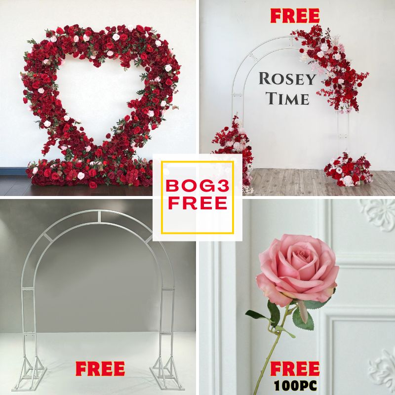 BOG3-Sale: Red heart flower set with frame + flower set + n-shape arch + 100pc pink roses