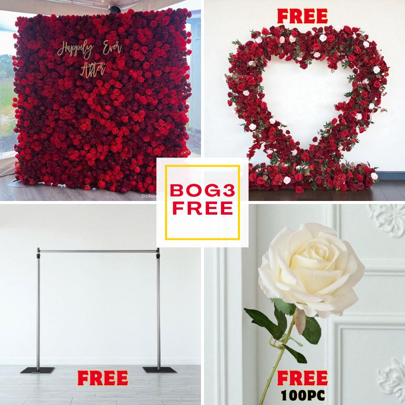 BOG3-Sale: 8x8ft Red flower wall + Red heart arch with frame + 8x8ft wall stand + 100pc white roses