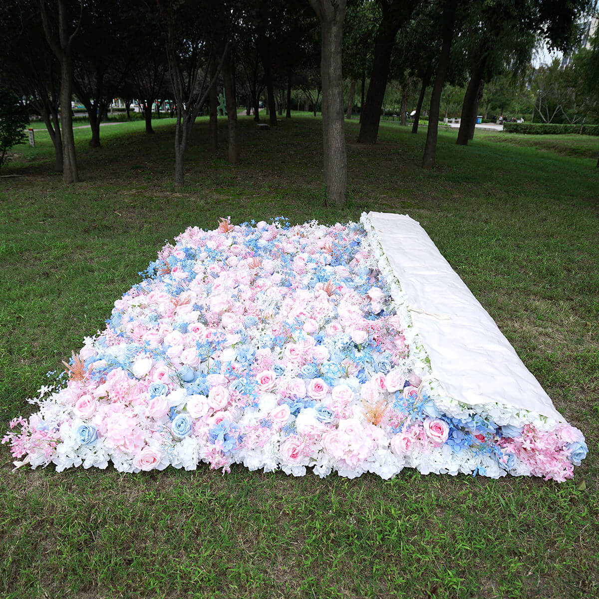 Roseytime 3D Pink&Blue Flower Wall Roll Up Fabric Back #RTW007