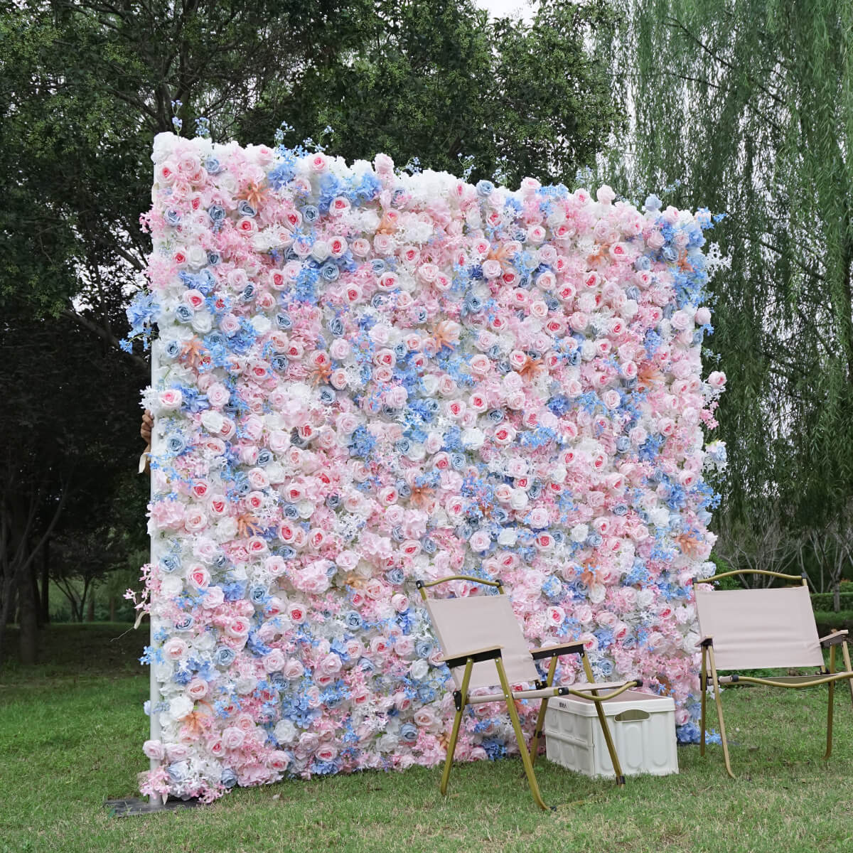 Roseytime 3D Pink&Blue Flower Wall Roll Up Fabric Back #RTW007