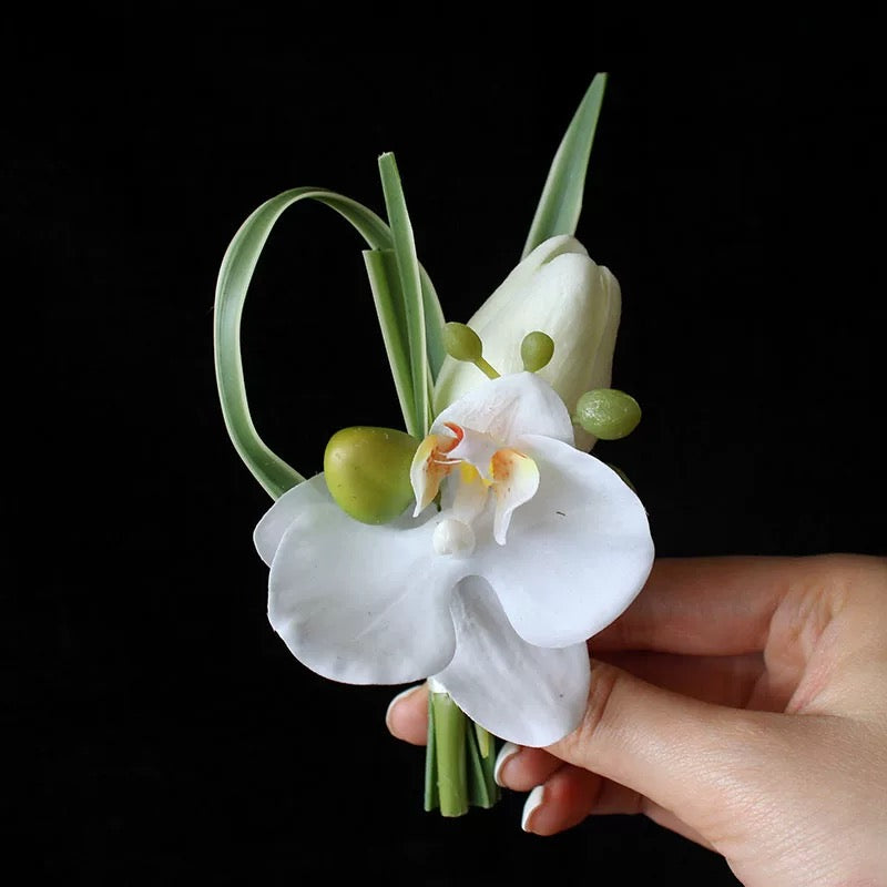 Roseytime White Phalaenopsis Orchids & Tulips Boutonniere for Wedding RTBN010