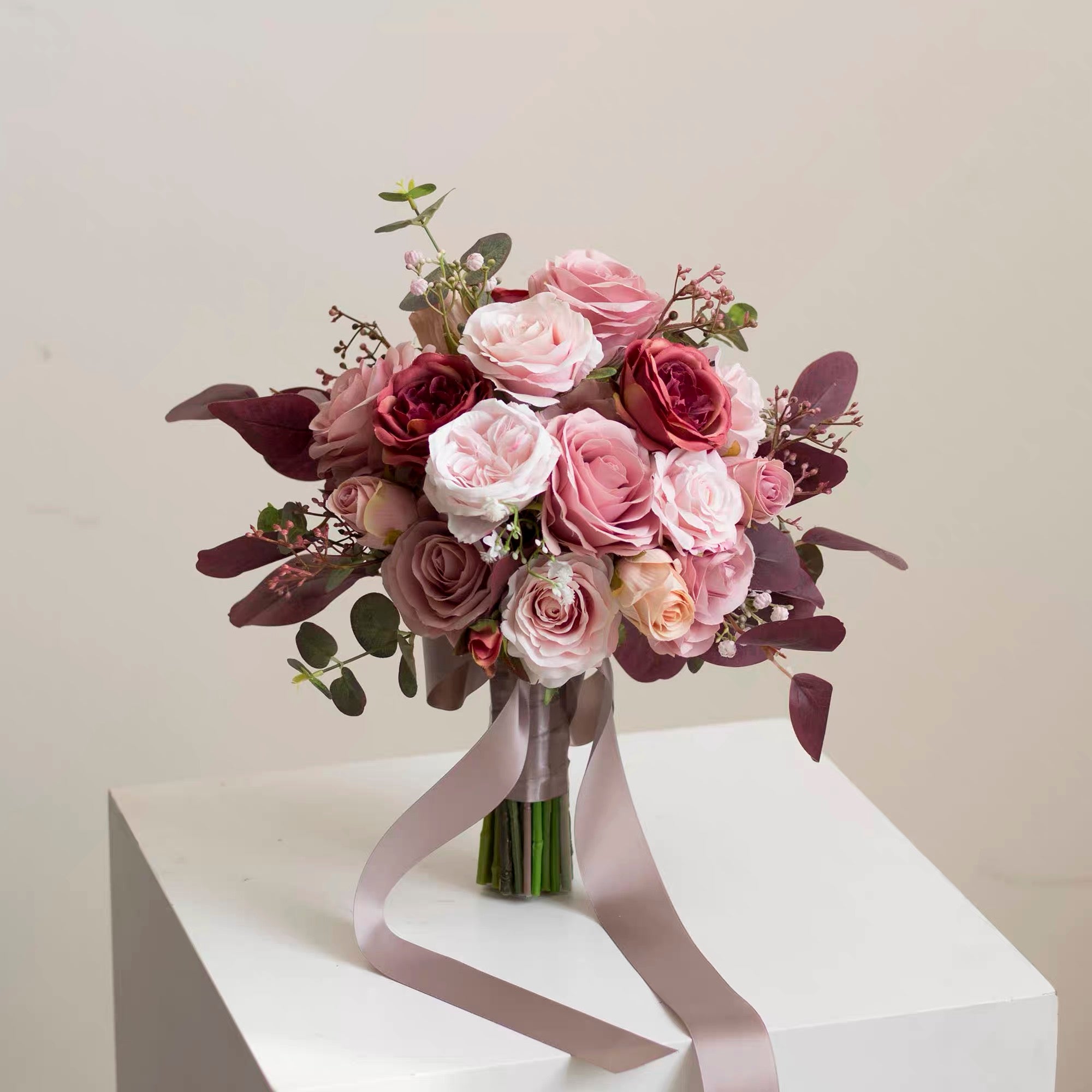 Roseytime Bride/Bridesmaid Bouquet in Burgundy&Dusty Pink Artificial Flowers
