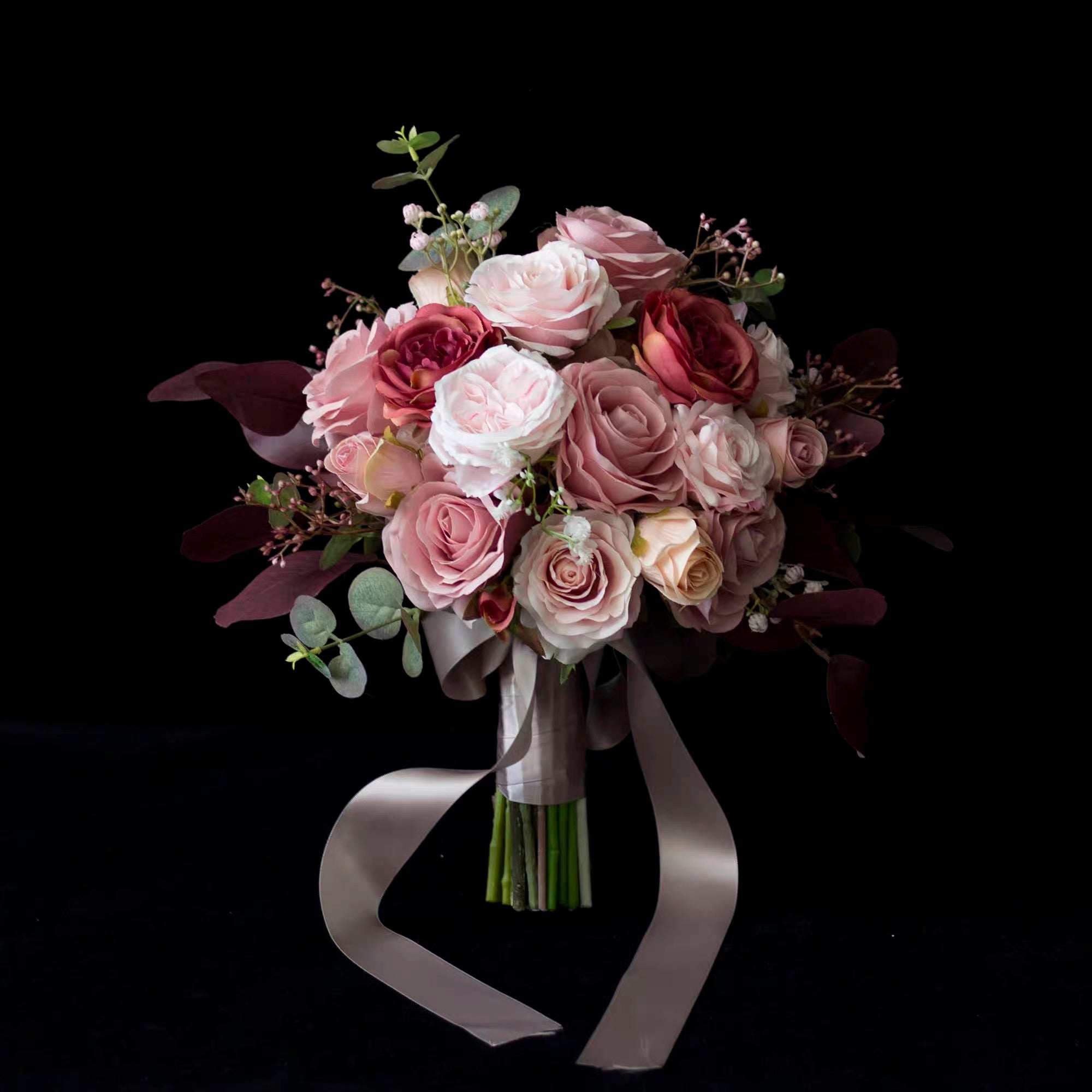 Roseytime Bride/Bridesmaid Bouquet in Burgundy&Dusty Pink Artificial Flowers