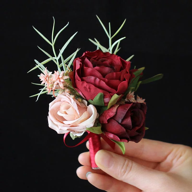 Roseytime Burgundy&Pink Boutonniere for Wedding RTBN012