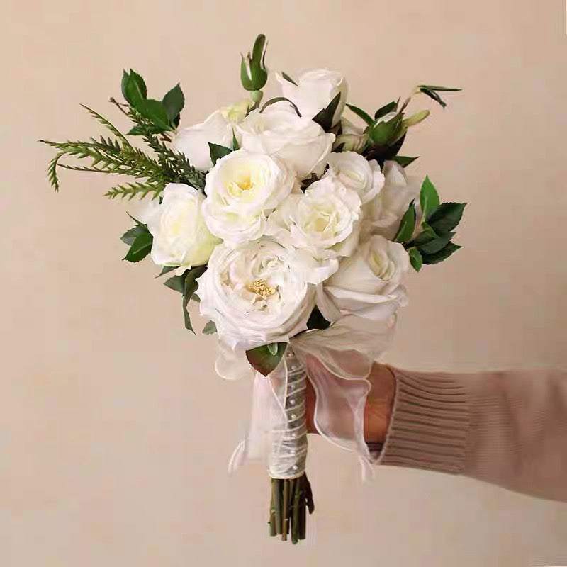 Roseytime Bride/Bridesmaid Bouquet in Simple White&Green Artificial Flowers