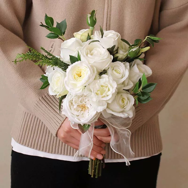 Roseytime Bride/Bridesmaid Bouquet in Simple White&Green Artificial Flowers
