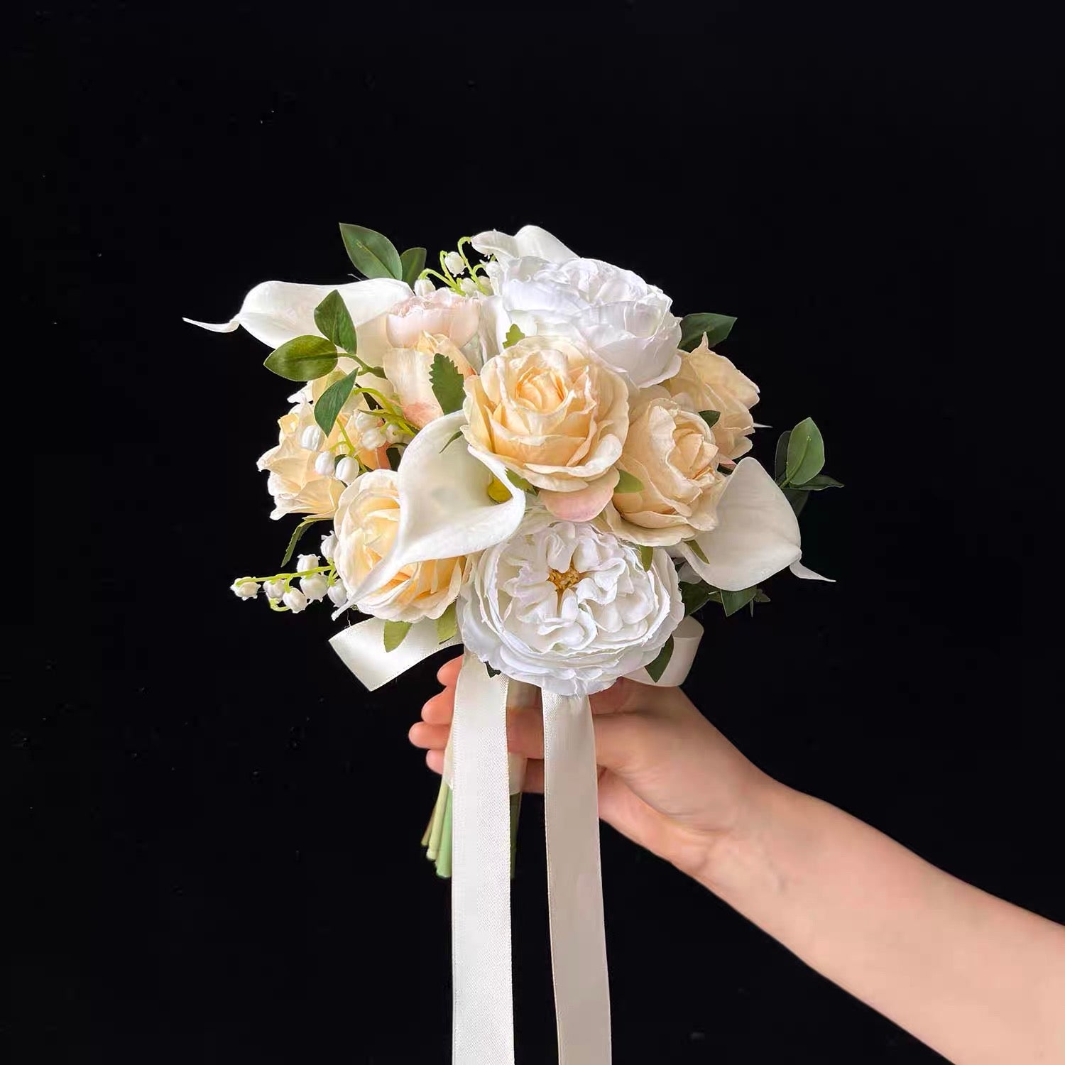 Roseytime Bride/Bridesmaid Bouquet in Champagne&White Artificial Flowers