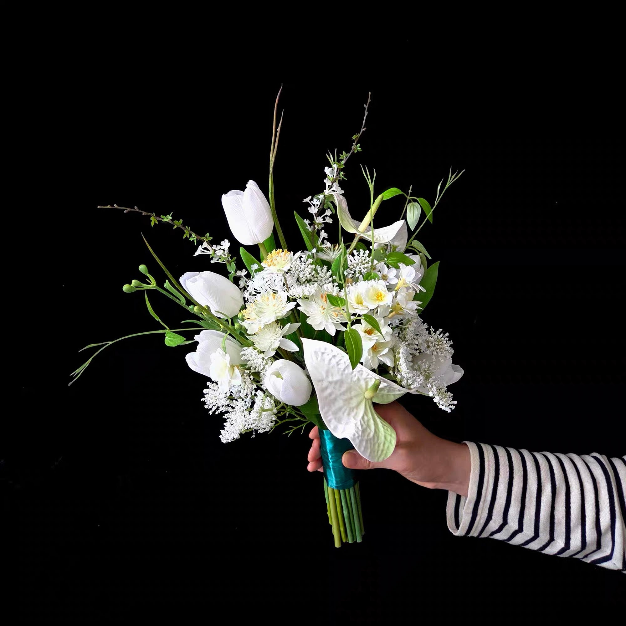 Roseytime Bride/Bridesmaid Bouquet in White Tulip &Green Artificial Flowers