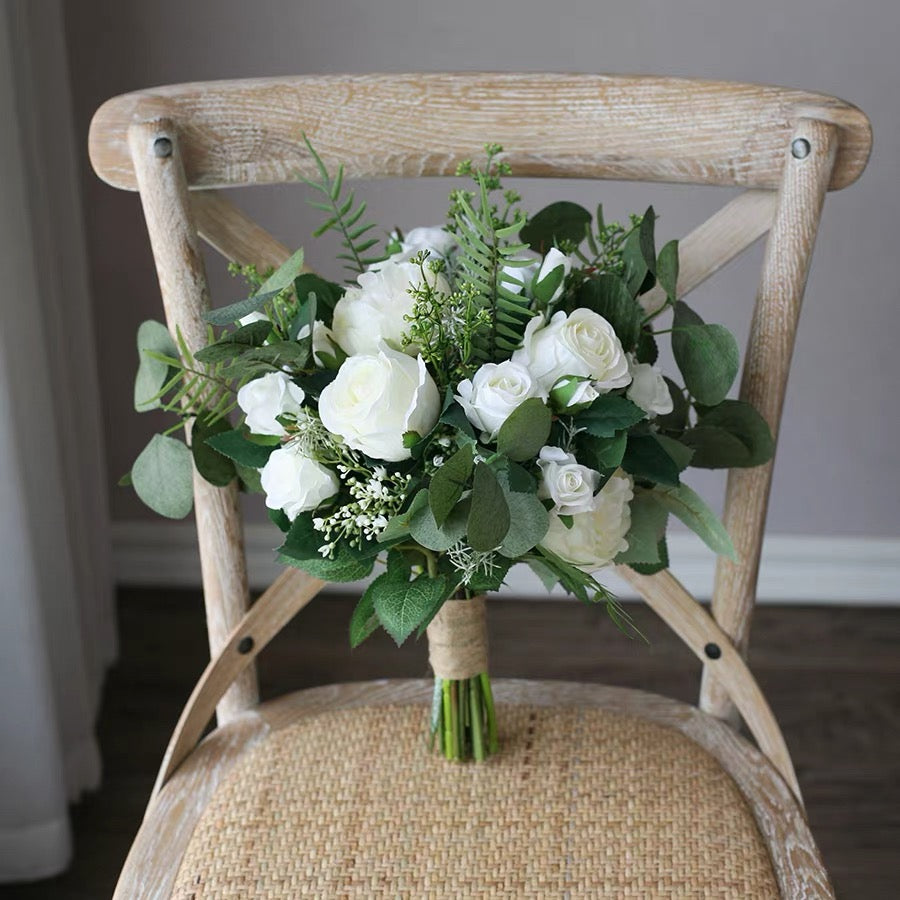 Roseytime Bride/Bridesmaid Bouquet in White&Green Artificial Flowers