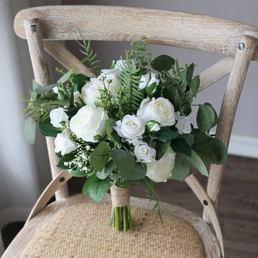 Roseytime Bride/Bridesmaid Bouquet in White&Green Artificial Flowers
