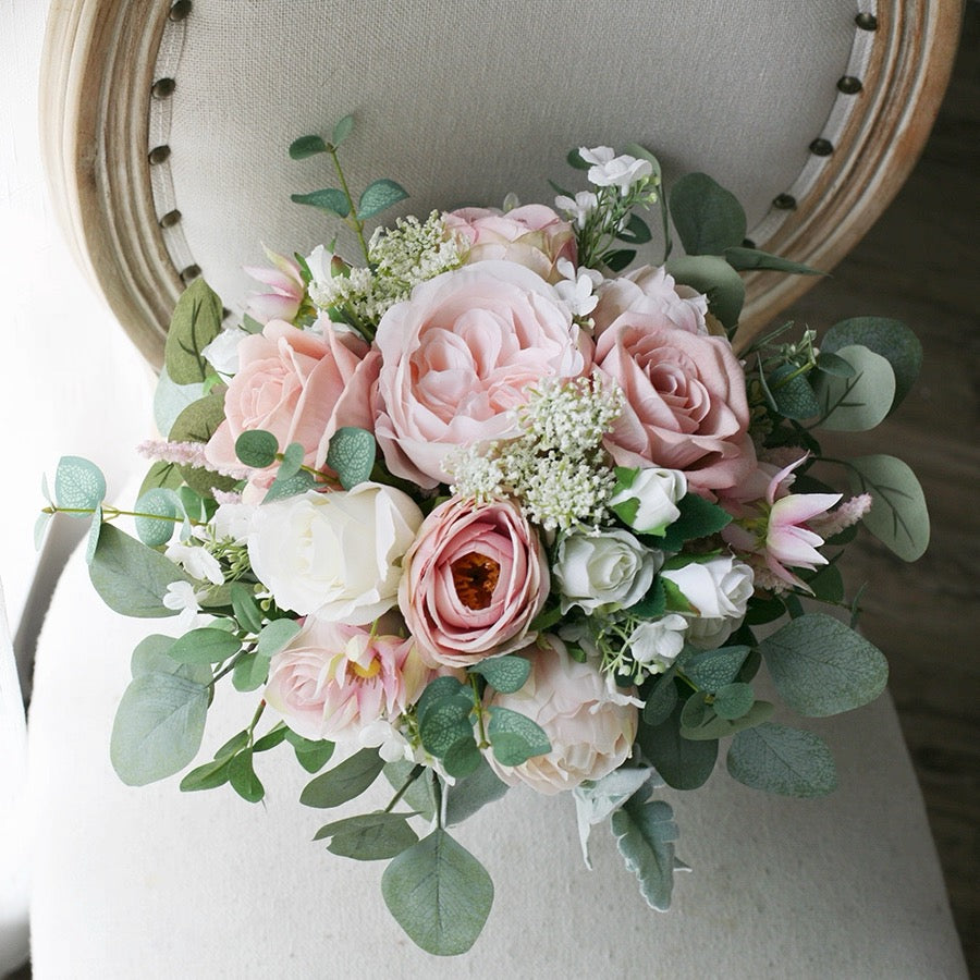 Roseytime Bride/Bridesmaid Bouquet in Dusty Pink&White Artificial Flowers