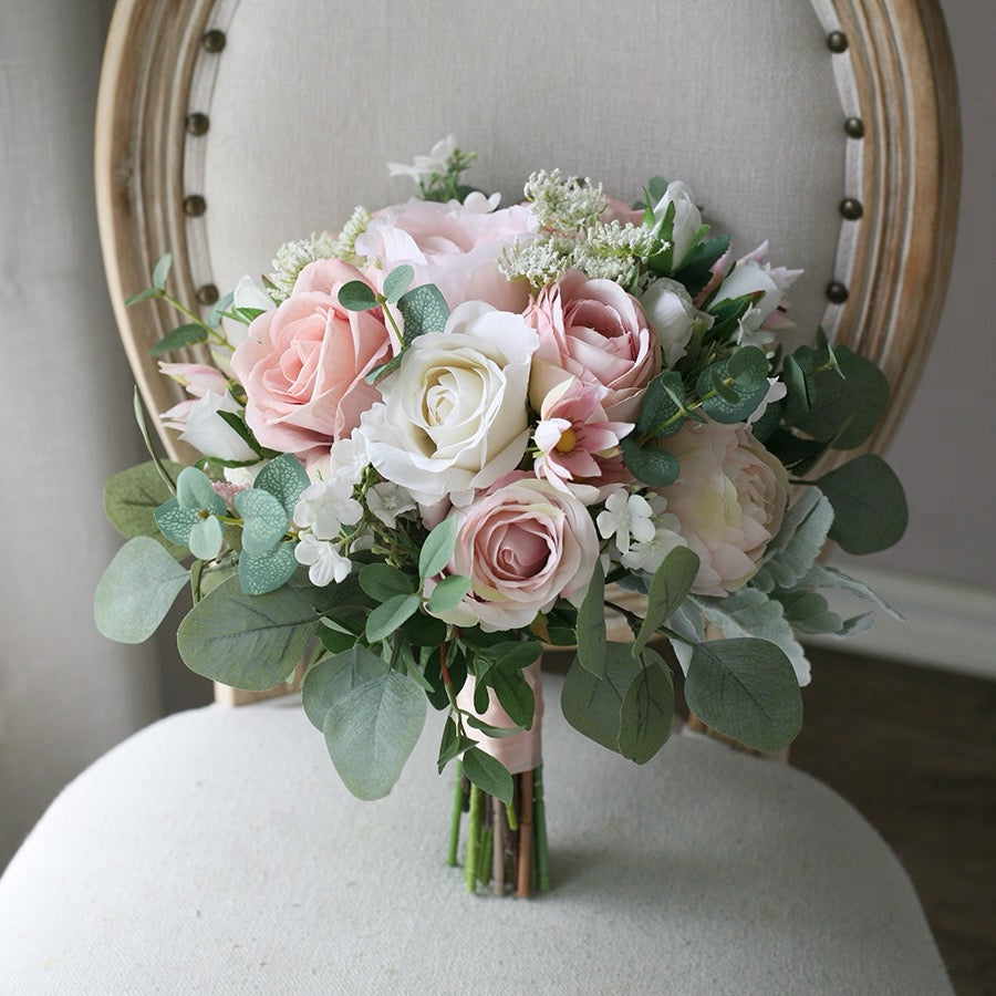 Roseytime Bride/Bridesmaid Bouquet in Dusty Pink&White Artificial Flowers