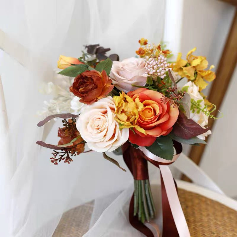 Roseytime Bride/Bridesmaid Bouquet in Orange& Yellow Artificial Flowers