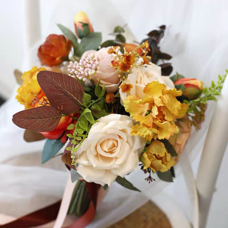 Roseytime Bride/Bridesmaid Bouquet in Orange& Yellow Artificial Flowers