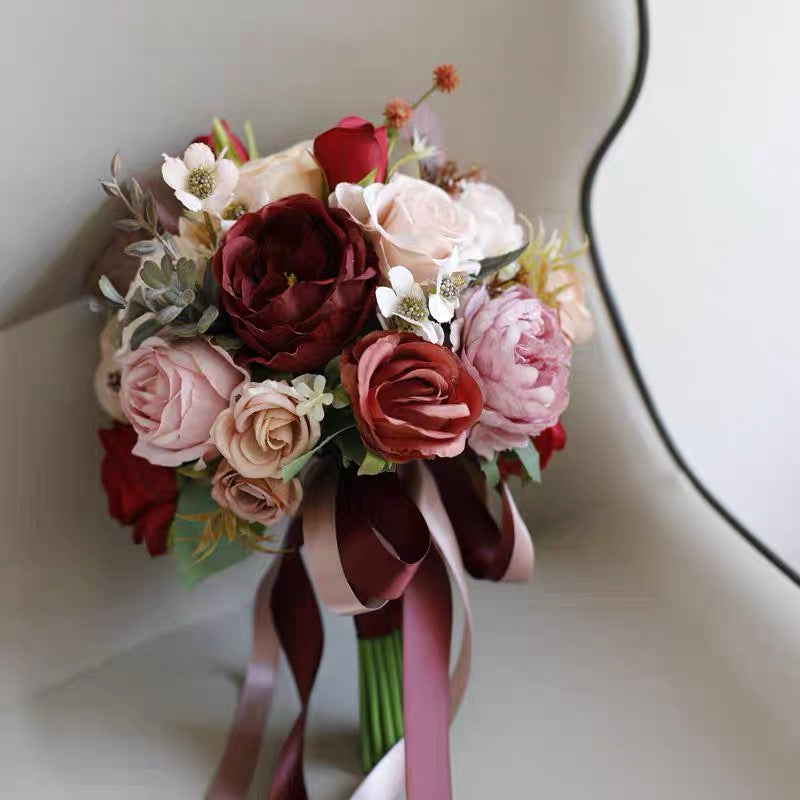 Roseytime Bride/Bridesmaid Bouquet in Pink& Burgundy Artificial Flowers
