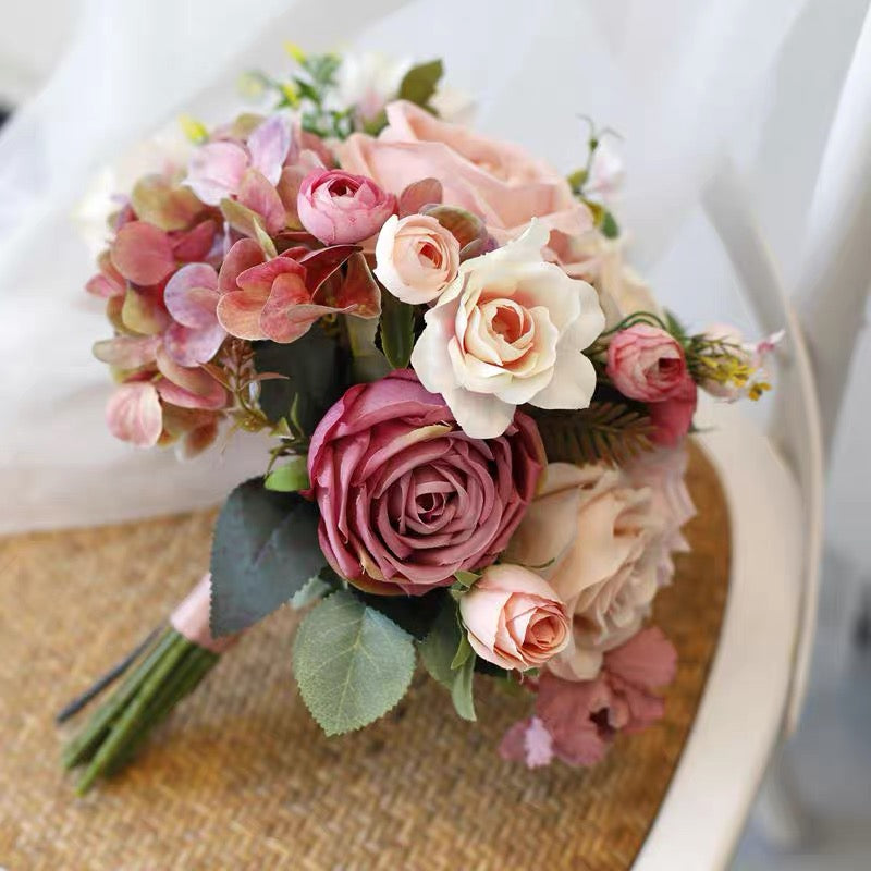 Roseytime Bride/Bridesmaid Bouquet in Pink&Purple Artificial Flowers
