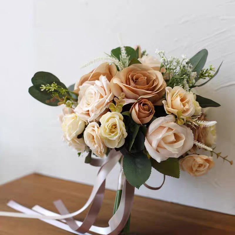 Roseytime Bride/Bridesmaid Bouquet in Tan&Champagne Artificial Flowers