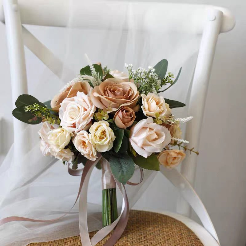 Roseytime Bride/Bridesmaid Bouquet in Tan&Champagne Artificial Flowers