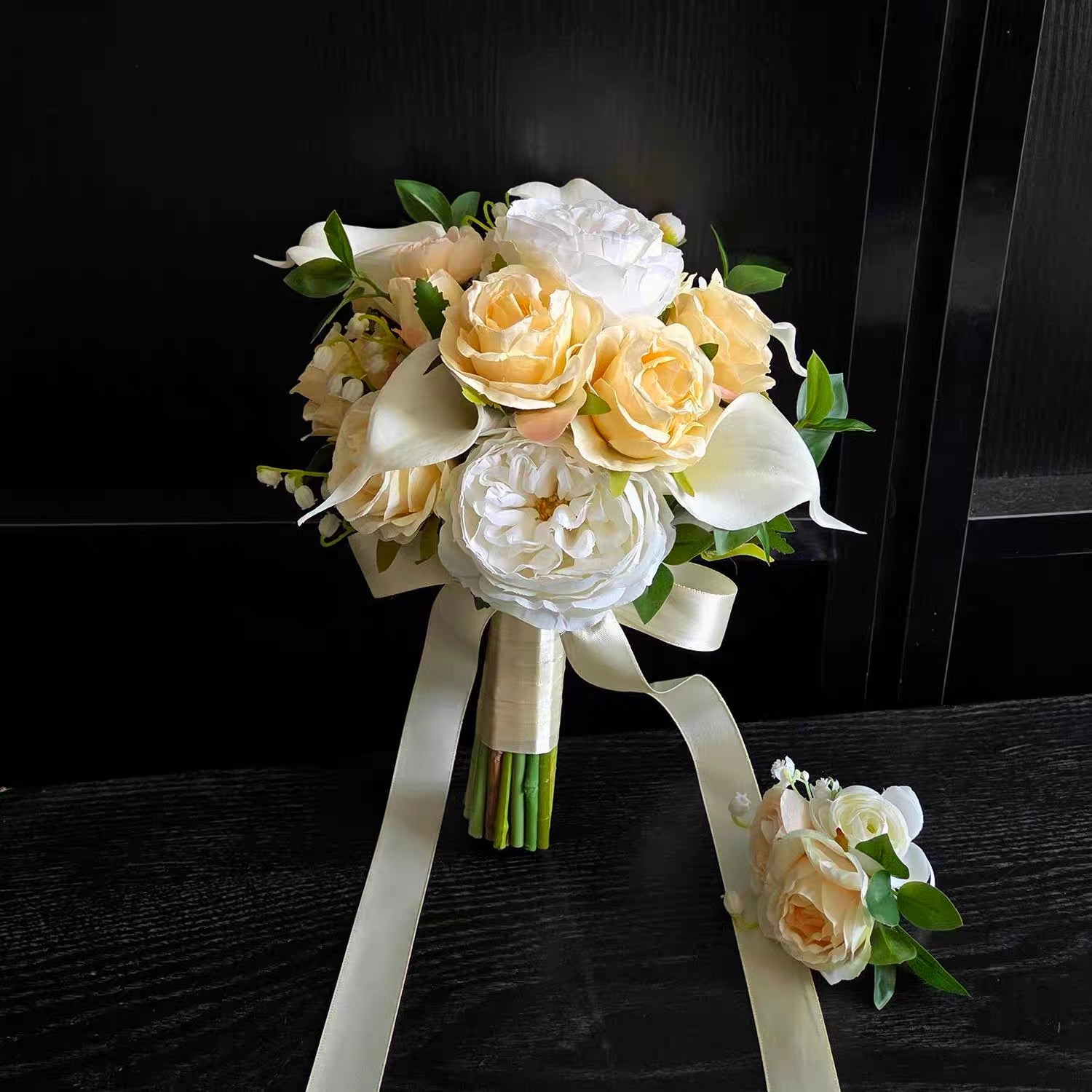 Roseytime Bride/Bridesmaid Bouquet in Champagne&White Artificial Flowers