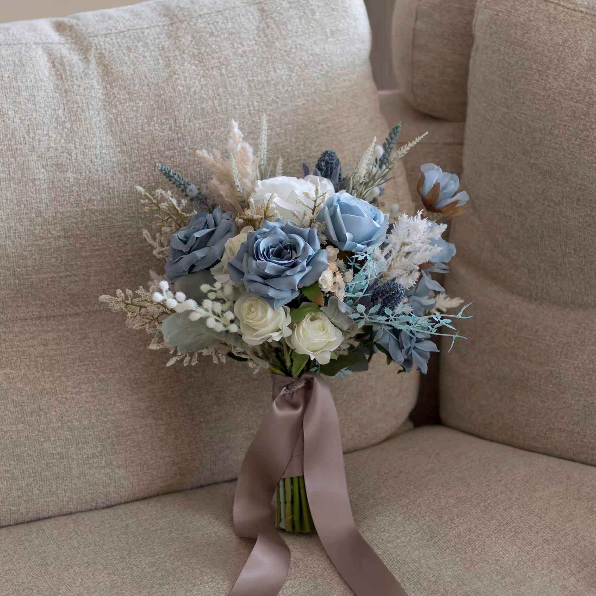 Roseytime Bride/Bridesmaid Bouquet in Dusty Blue Artificial Flowers