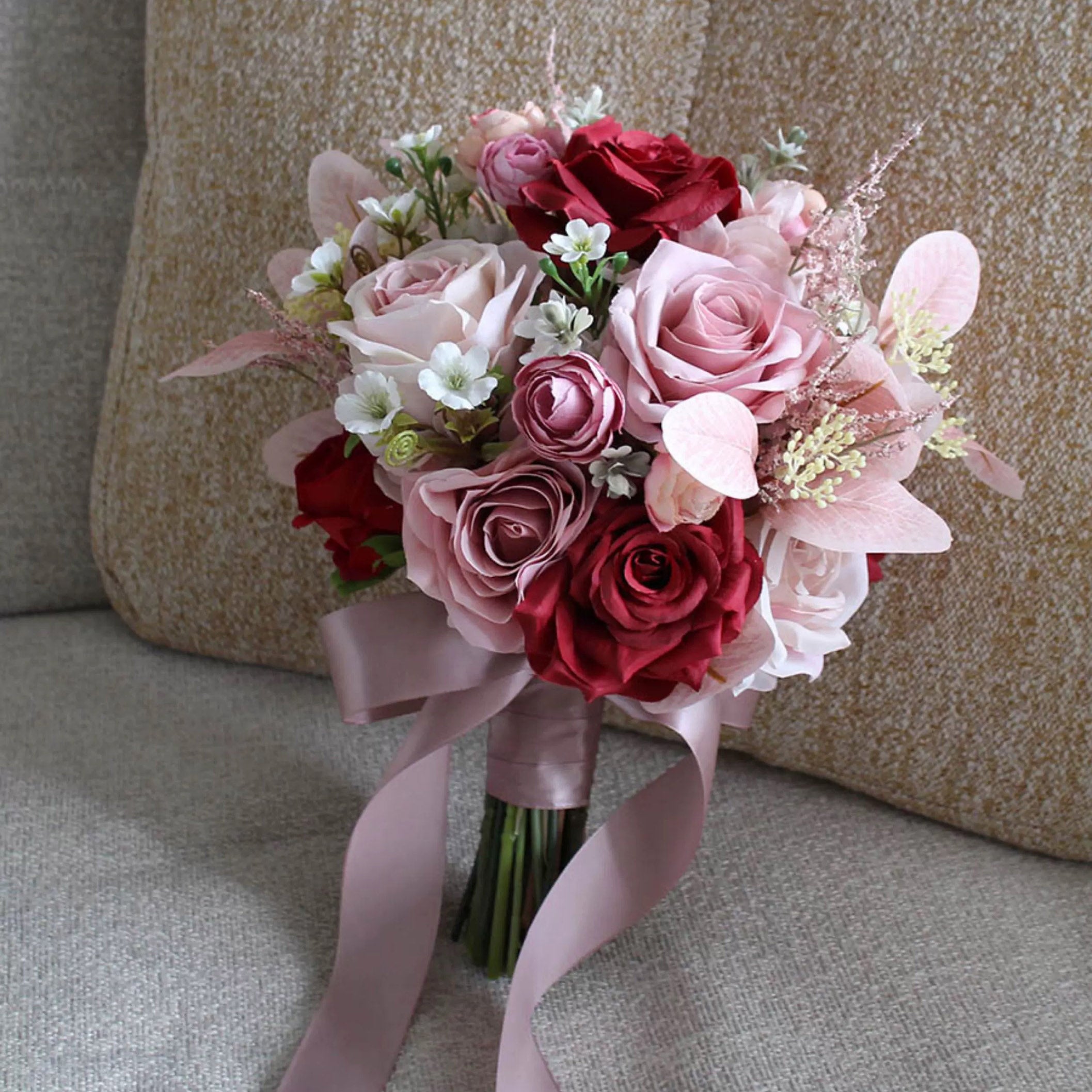 Roseytime Bride/Bridesmaid Bouquet in Red&Dusty Pink Artificial Flowers